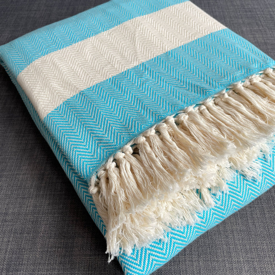 Luxury Harrington Bed Throw XL, premium oversized teal herringbone blanket, handloomed 100% organic cotton, king size 200x240cm by Wildash London at brixbailey.com