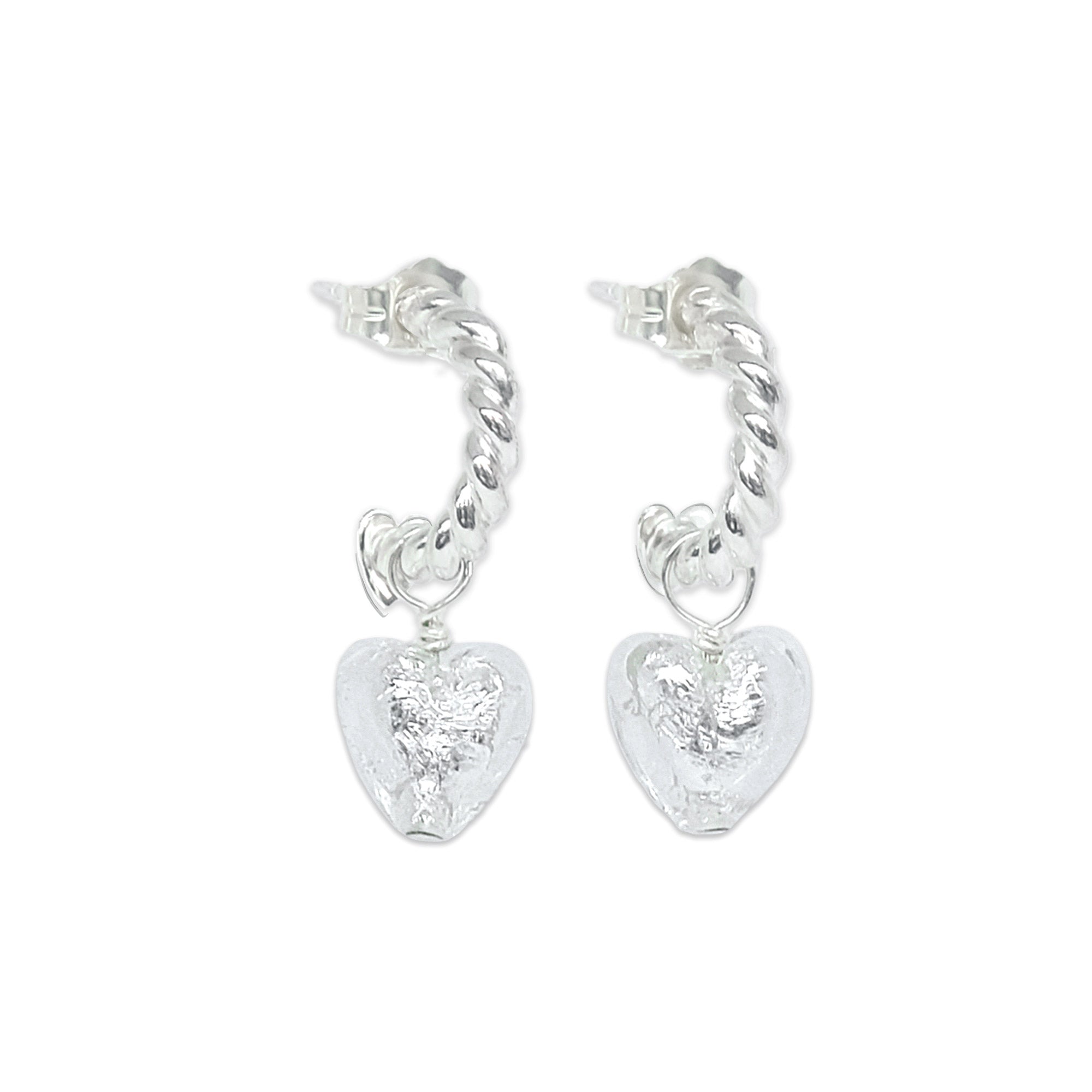 Luxury heart charm hoops, Love Mi Amore teal and sterling silver, interchangeable charms, stylish twisted finish, vintage-inspired jewelry by Lezzeri at brixbailey.com