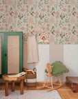 bold close-up of serene herbs and flowers wallpaper in soft pastel greens and warm salmon tones