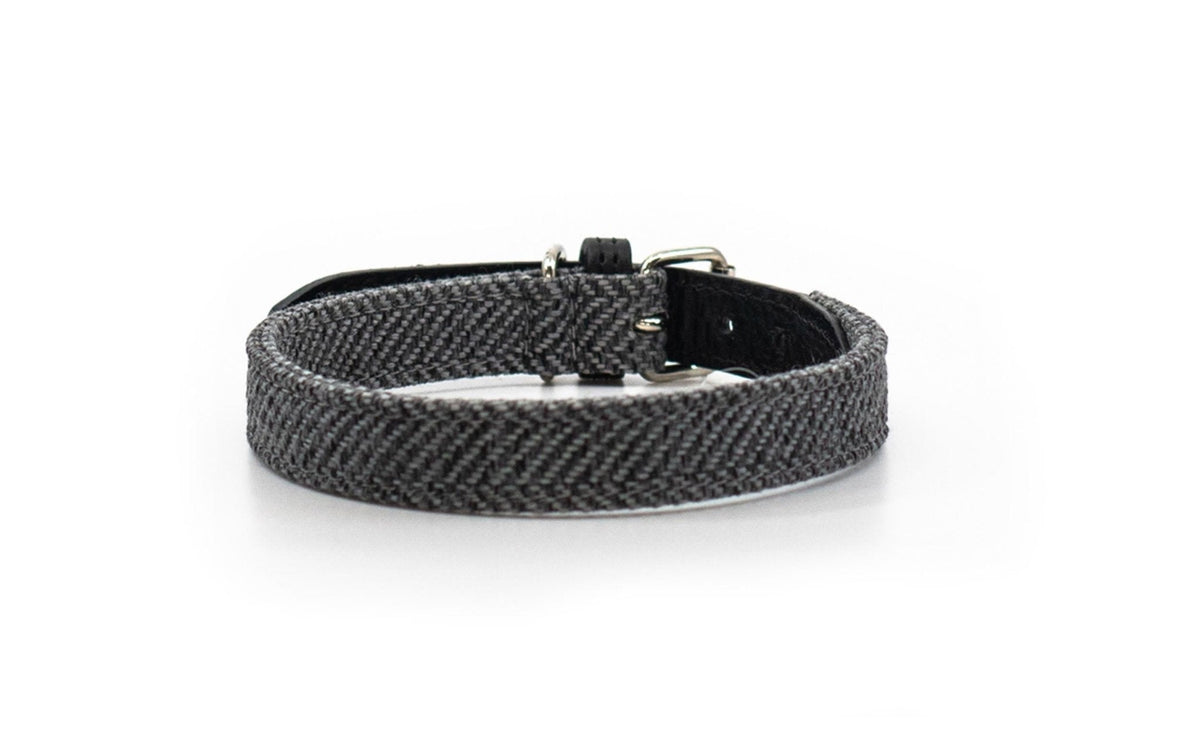 THE BALMORAL | LUXURY GREY HERRINGBONE &amp; LEATHER DOG COLLAR