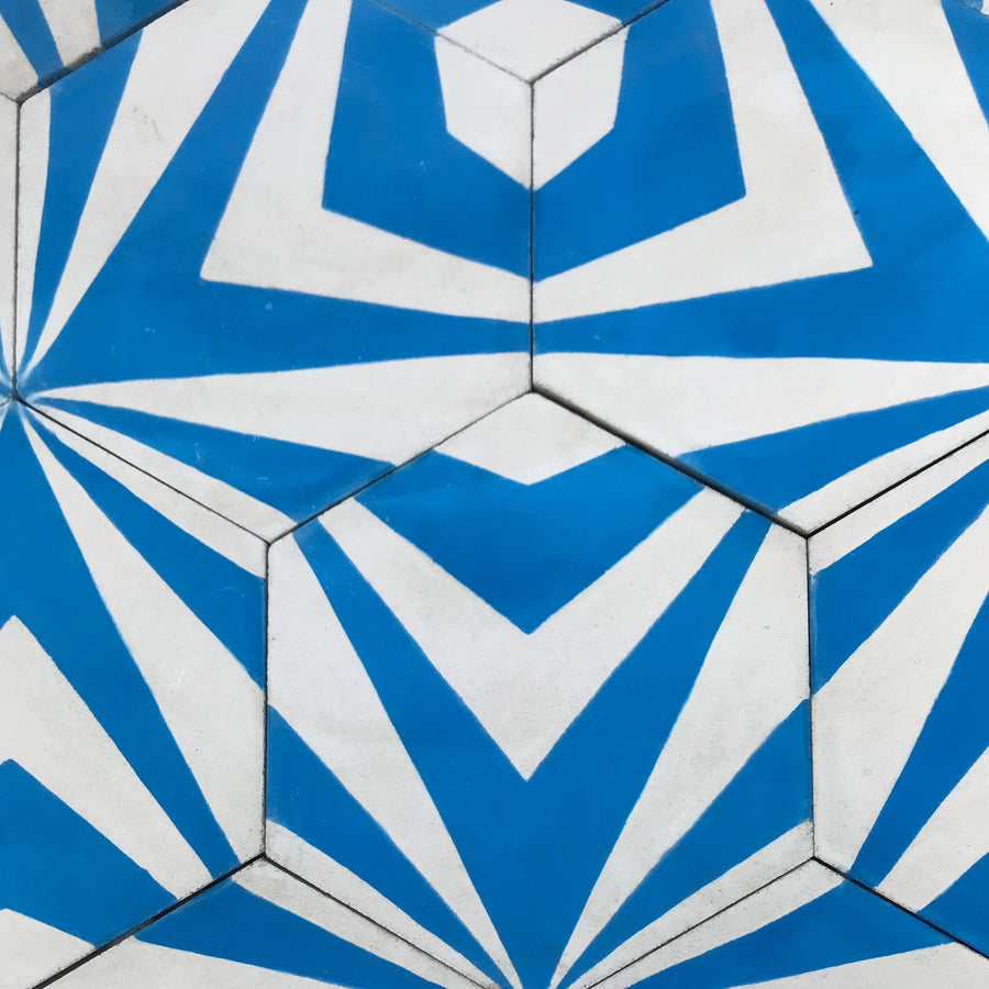 Modern Moroccan chevron hex cement tiles, blue and white, premium handcrafted design for stylish interiors, UK delivery included by Maria Starling Design at brixbailey.com