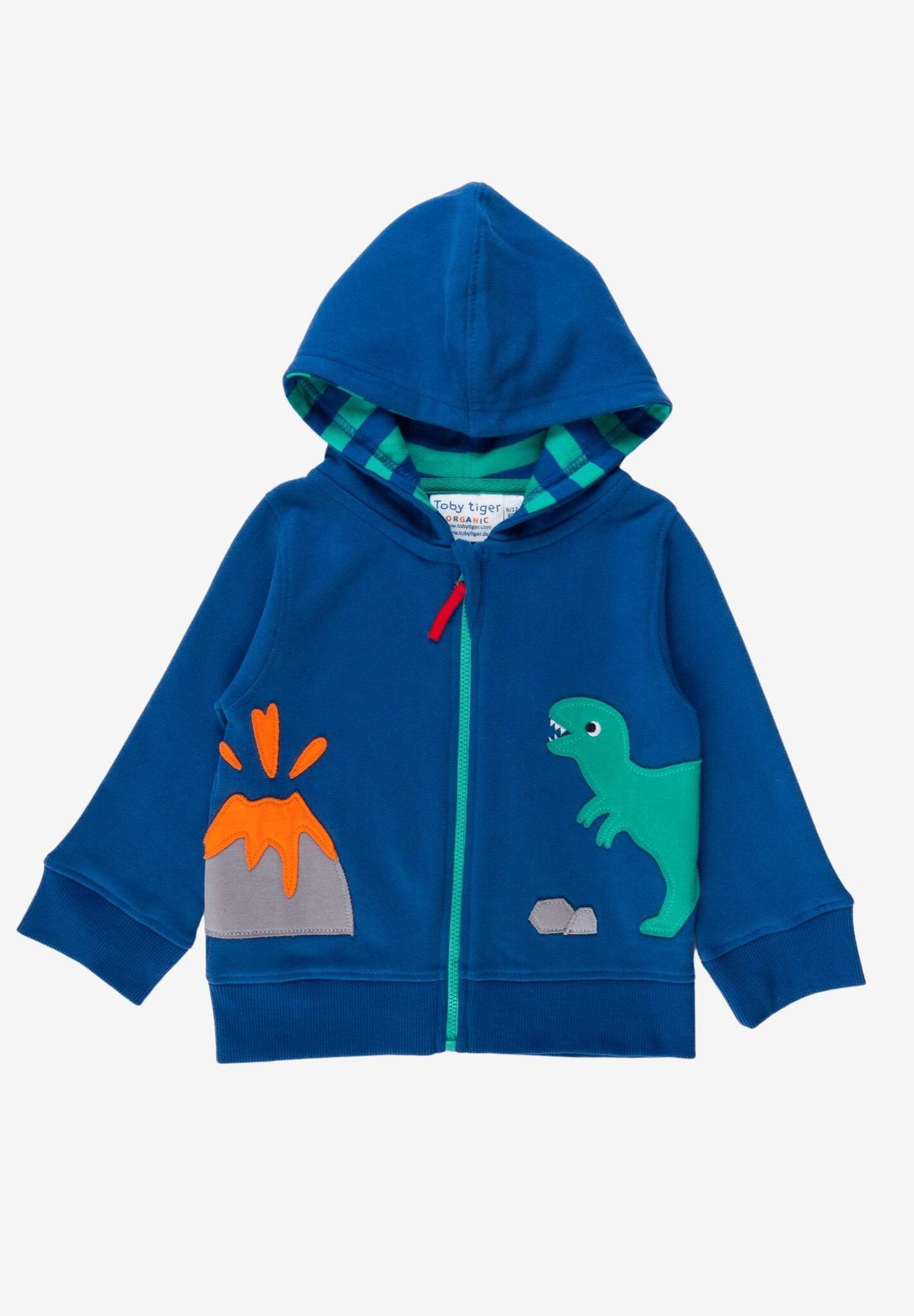 organic cotton dinosaur hoodie with T-Rex and volcano applique - soft striped lining - GOTS certified - by Toby Tiger at www.brixbailey.com