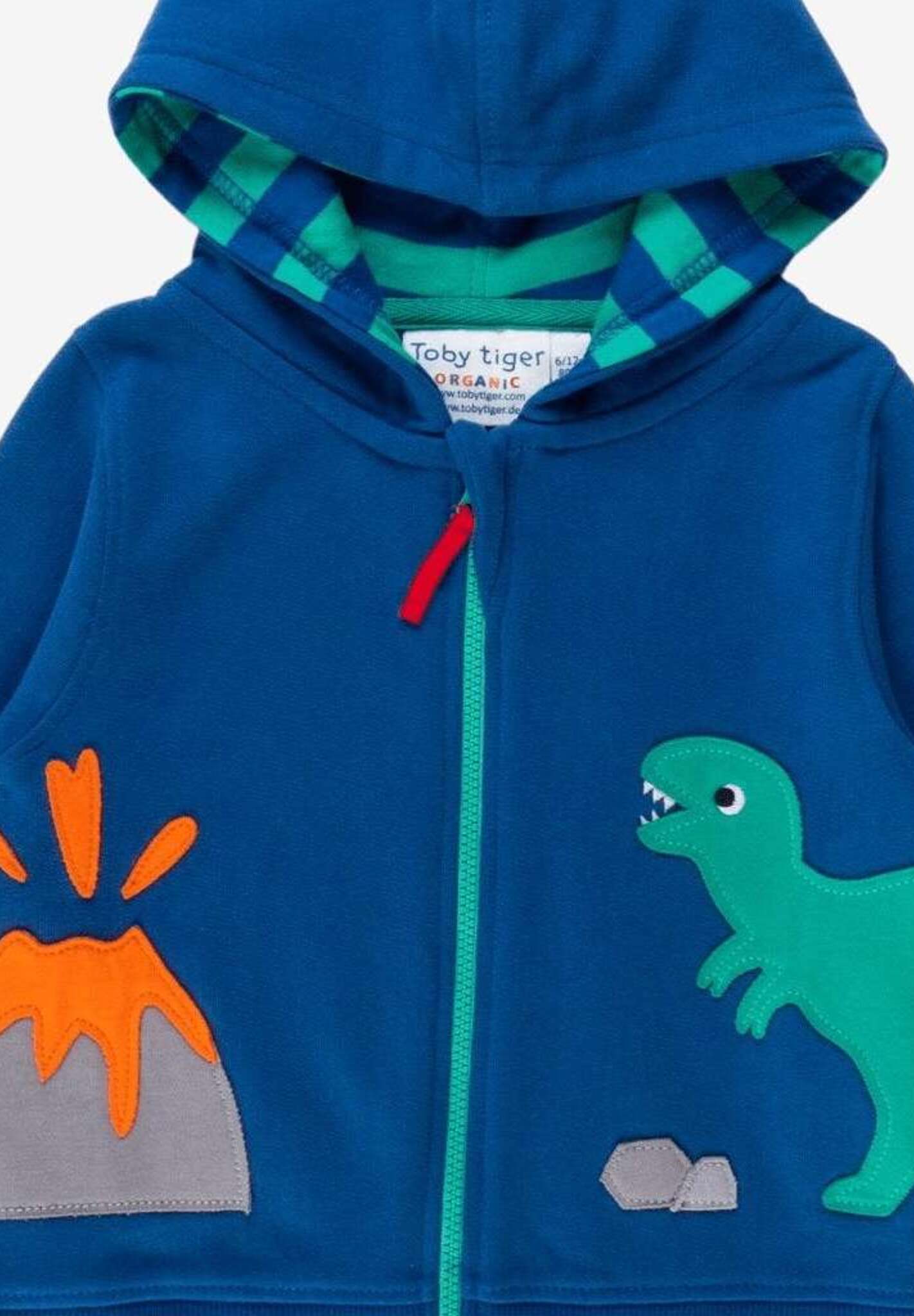 organic cotton dinosaur hoodie with T-Rex and volcano applique - cozy striped lining - GOTS certified - by Toby Tiger at www.brixbailey.com