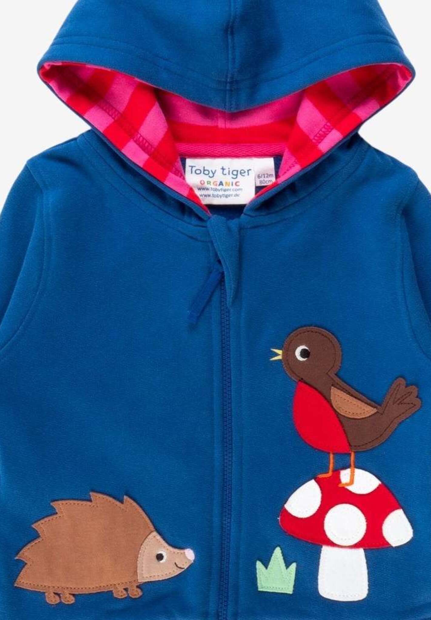 Premium organic cotton hoodie with floral mushroom embroidery, cozy striped lining, autumn navy blue, GOTS certified, ethical kids clothing by Toby Tiger at brixbailey.com