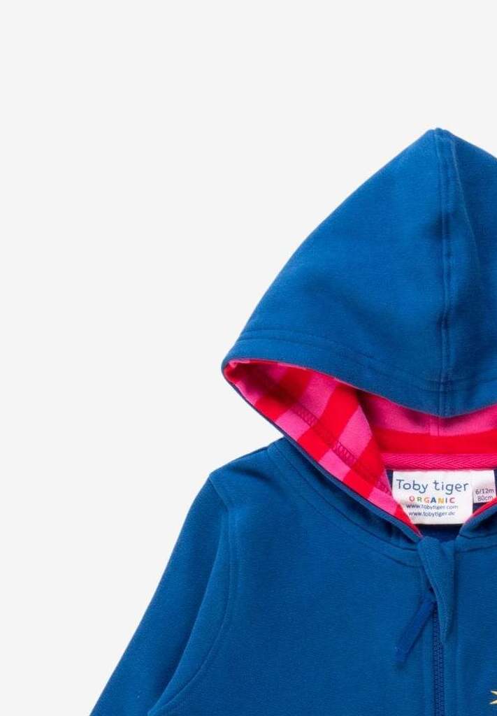 Premium organic cotton hoodie with floral mushroom embroidery, cozy striped lining, autumn navy blue, GOTS certified, Toby Tiger design by Toby Tiger at brixbailey.com