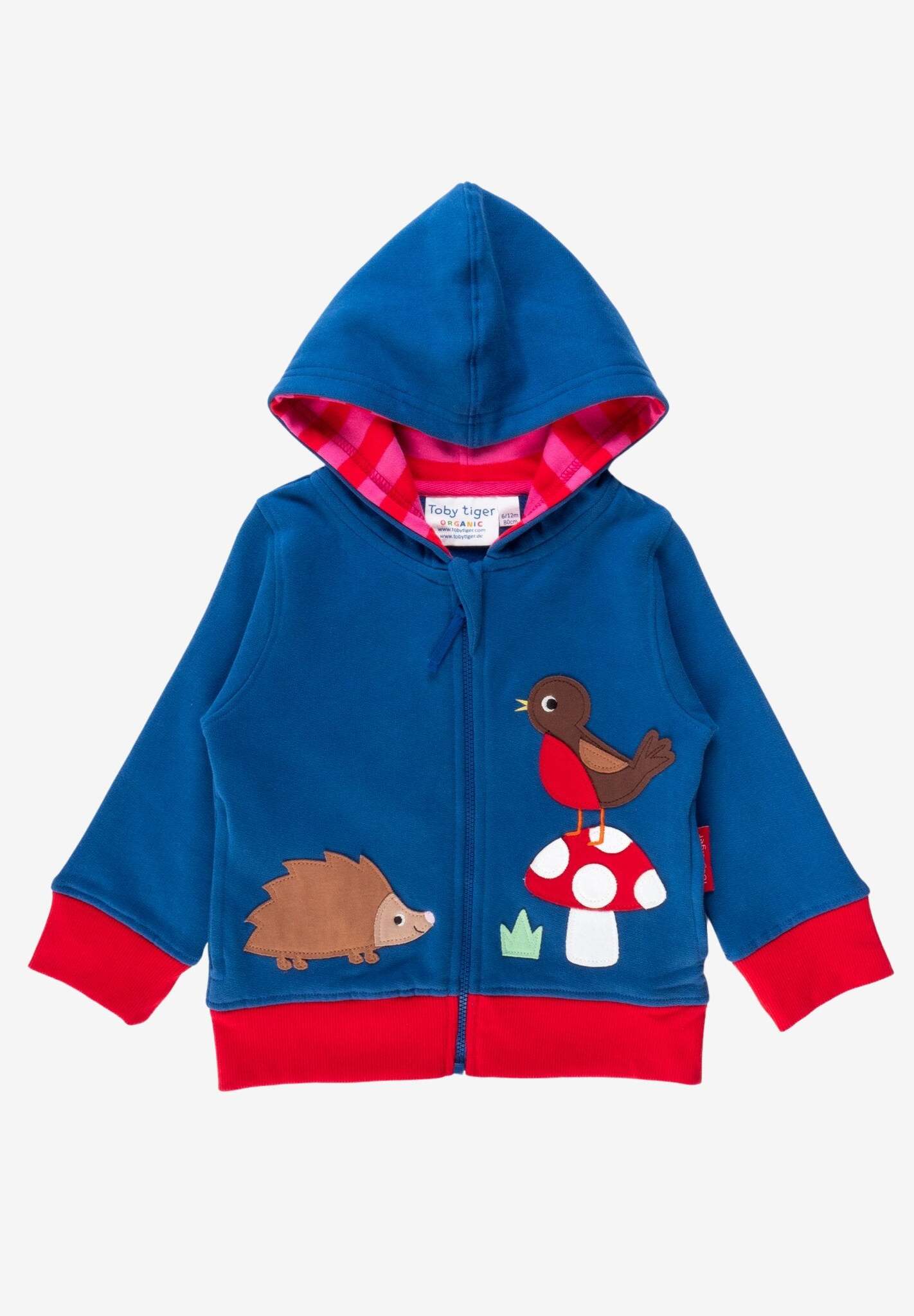 Premium organic cotton hoodie with floral mushroom embroidery, cozy striped lining, autumn navy blue, GOTS certified, eco-friendly dyes by Toby Tiger at brixbailey.com