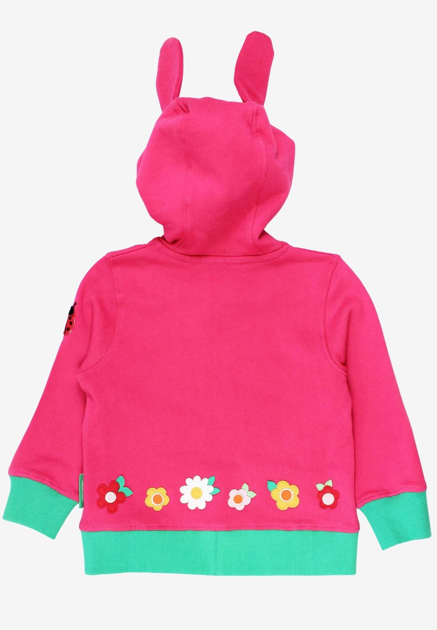 Premium Organic Cotton Bunny Hoodie with Ears - Soft Pink Kids Hooded Jacket with Green Cuffs and Jersey Lining by Toby Tiger at brixbailey.com