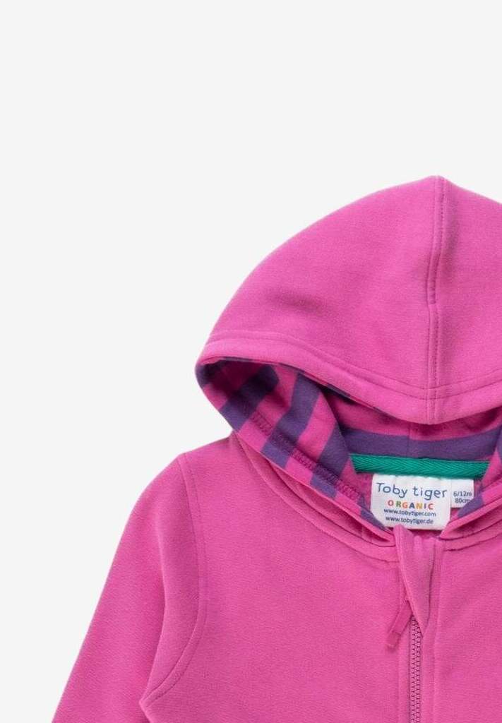 Luxury kids hoodie with playful horse embroidery, premium organic cotton, soft striped lining, bright pink and purple by Toby Tiger at brixbailey.com