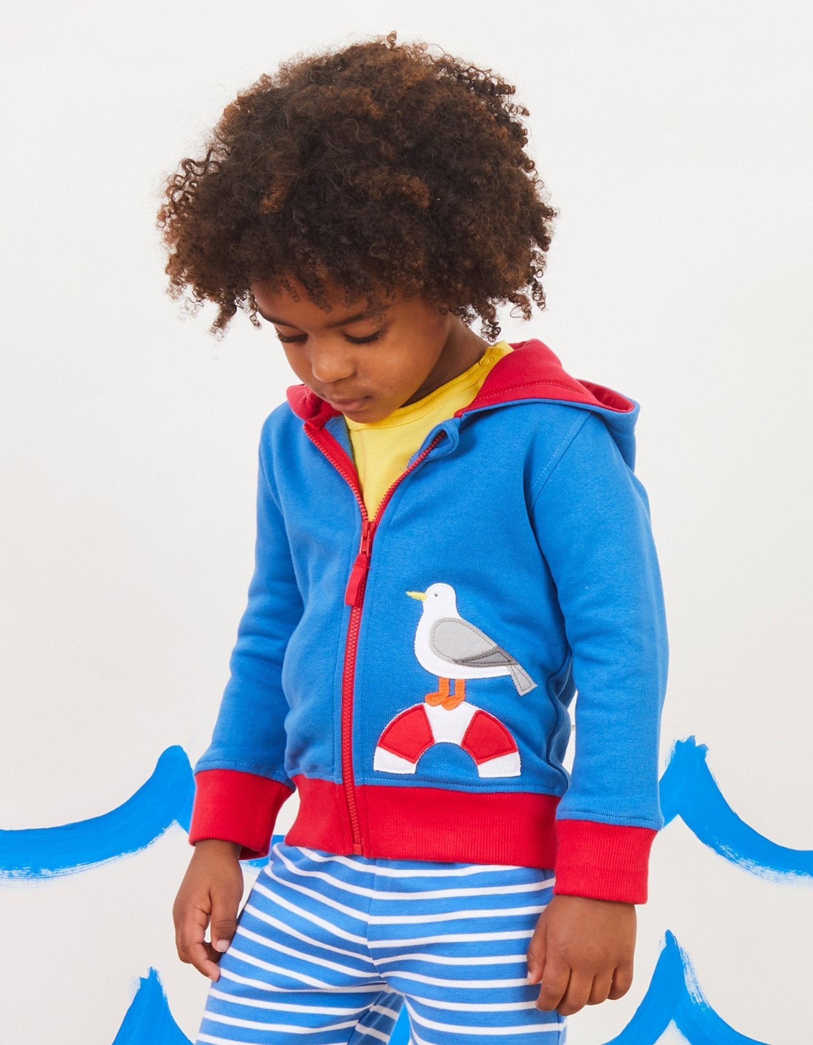 Maritime Vibes Hoodie in Navy Blue with Seagull Applique and Contrast Cuffs, Soft GOTS Organic Cotton, Eco-Friendly Dye by Toby Tiger at brixbailey.com