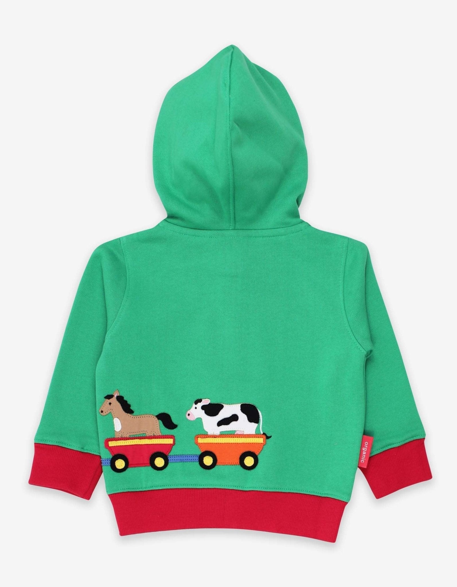 Premium green hoodie with train applique, soft organic cotton, Toby Tiger design, cozy jersey lining by Toby Tiger at brixbailey.com