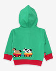 Premium green hoodie with train applique, soft organic cotton, Toby Tiger design, cozy jersey lining by Toby Tiger at brixbailey.com