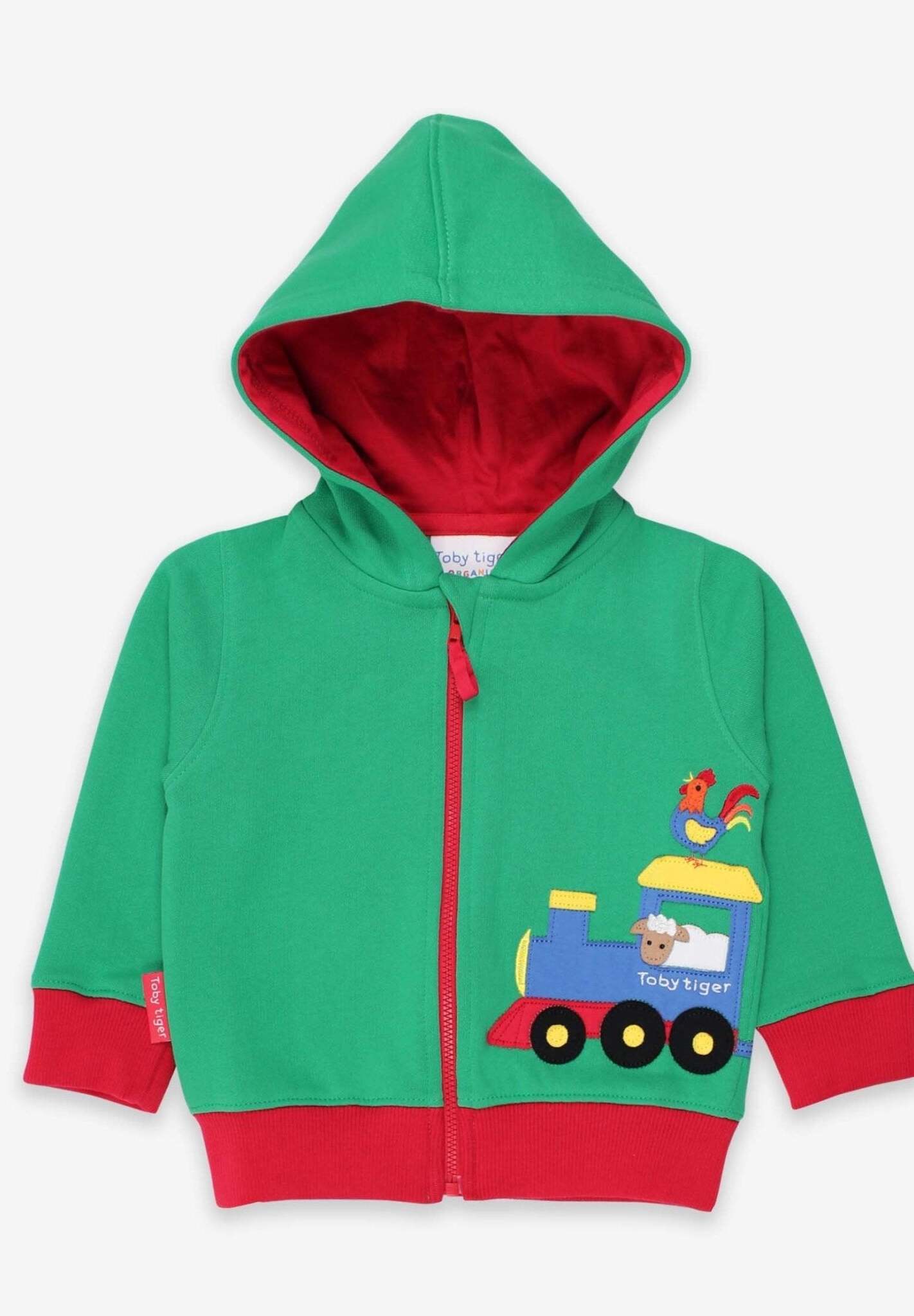 Premium green hoodie with train applique, soft organic cotton, Toby Tiger design, cozy jersey lining, animal motif by Toby Tiger at brixbailey.com