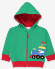 Premium green hoodie with train applique, soft organic cotton, Toby Tiger design, cozy jersey lining, animal motif by Toby Tiger at brixbailey.com
