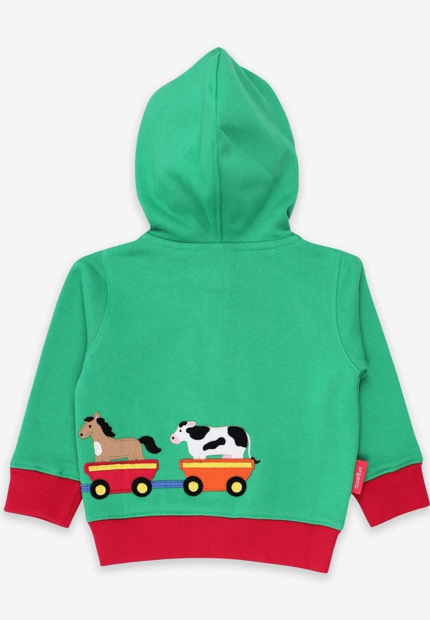 Premium green hoodie with train applique, soft organic cotton, Toby Tiger design, cozy jersey lining, animal motif by Toby Tiger at brixbailey.com