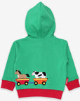 Premium green hoodie with train applique, soft organic cotton, Toby Tiger design, cozy jersey lining, animal motif by Toby Tiger at brixbailey.com