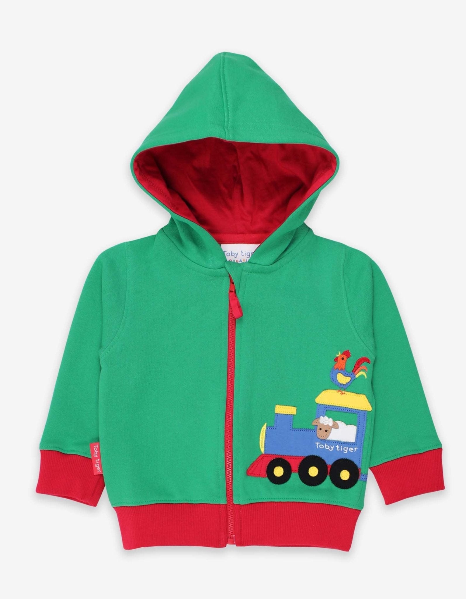Premium green hoodie with train applique, soft organic cotton, Toby Tiger design, cozy jersey lining, GOTS certified by Toby Tiger at brixbailey.com