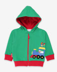 Premium green hoodie with train applique, soft organic cotton, Toby Tiger design, cozy jersey lining, GOTS certified by Toby Tiger at brixbailey.com