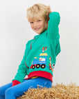 Premium green hoodie with train applique, soft organic cotton, Toby Tiger design, cozy jersey lining, GOTS certified by Toby Tiger at brixbailey.com