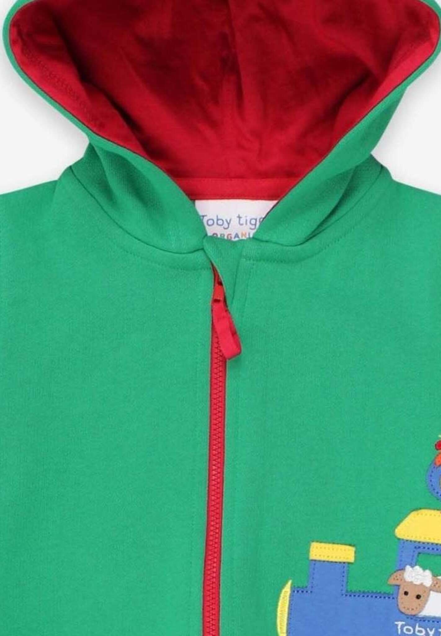 Premium green hoodie with train applique, soft organic cotton, Toby Tiger design, cozy jersey lining, GOTS certified by Toby Tiger at brixbailey.com
