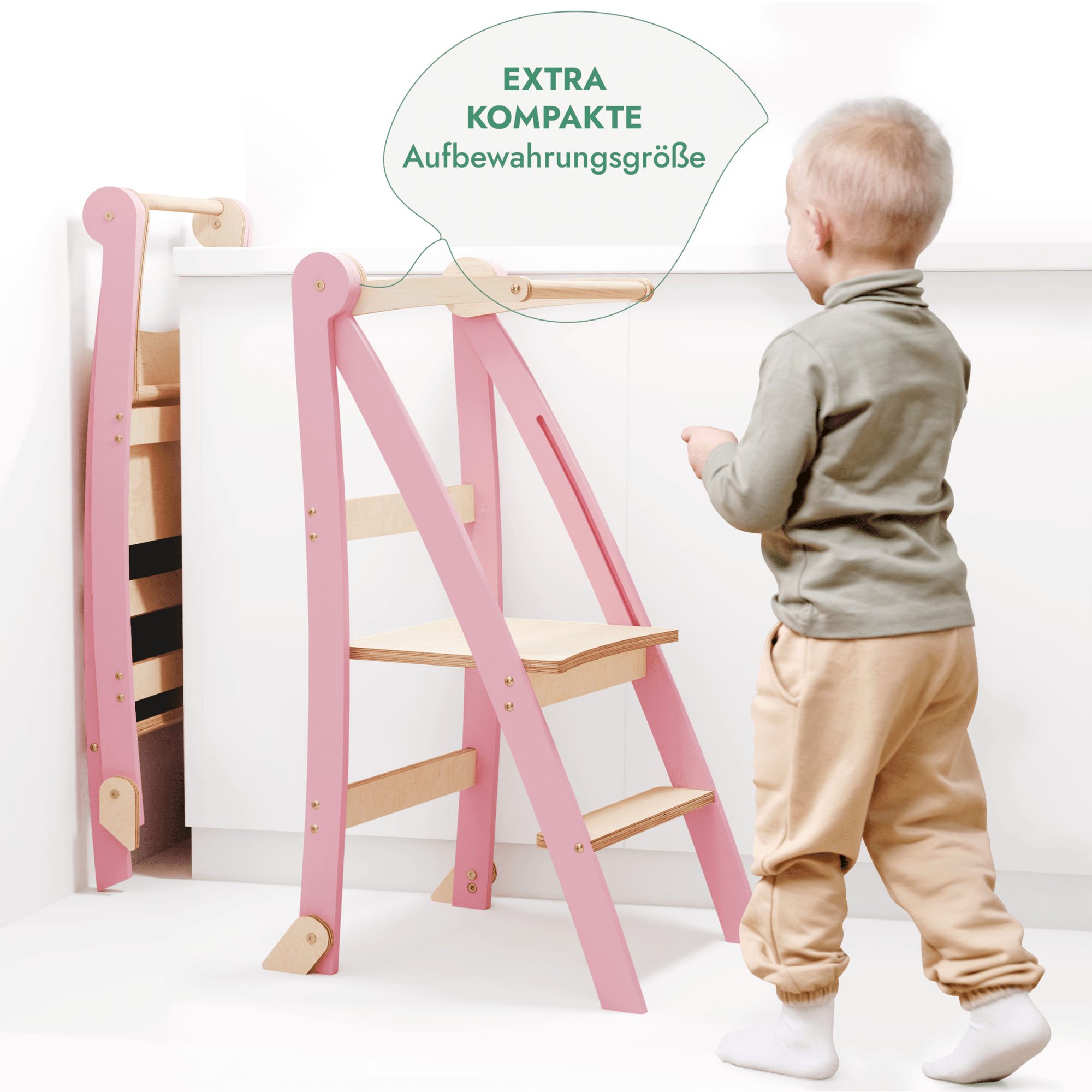 Holz Lernleiter Montessori: Multifunktionaler, klappbarer Lernturm für Kinder – Rosa-3