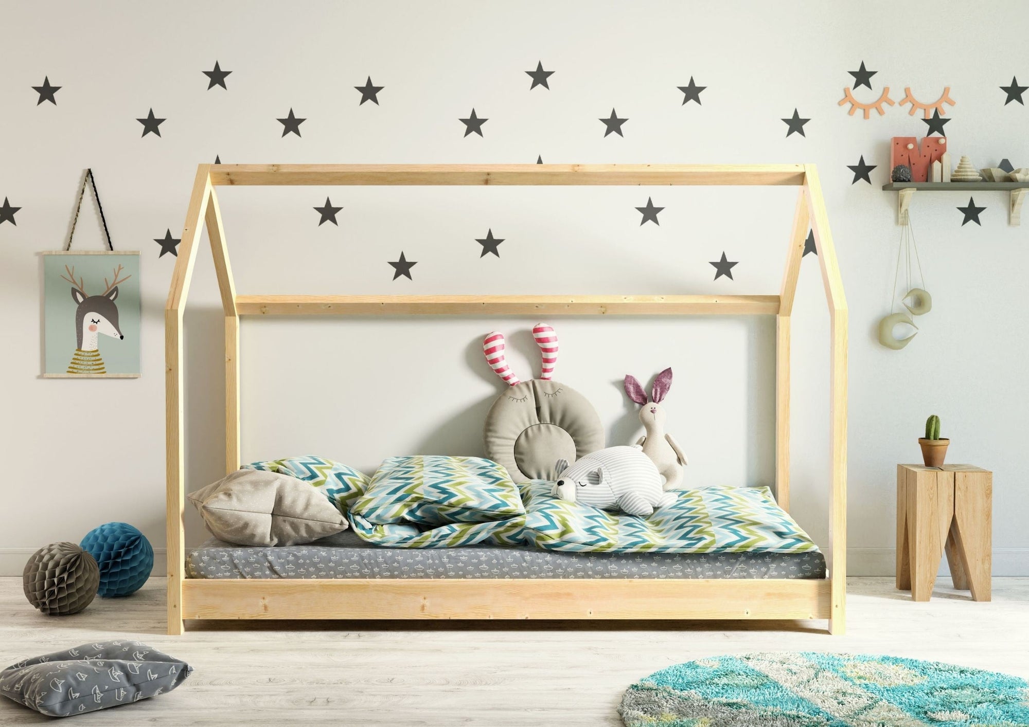 Natural Wood House Bed for Children