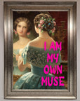 Framed portrait of a woman with floral hairpiece and text 'I AM MY OWN MUSE' on a plain background brix bailey