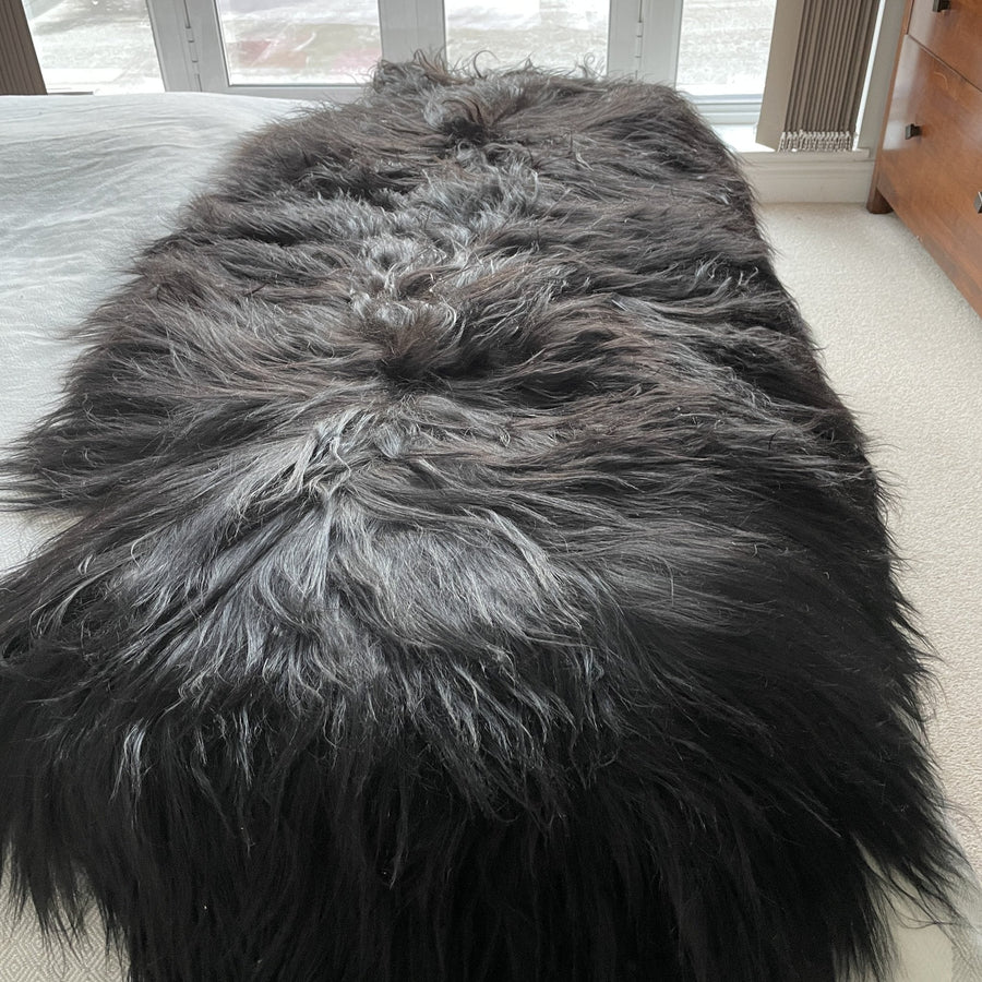 Luxury Icelandic sheepskin rug, 100% natural black long fur double back to back runner, premium handmade home decor by Wildash London at brixbailey.com