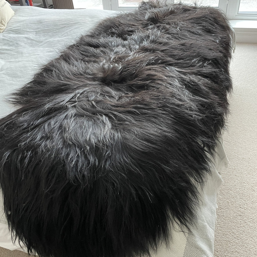 Luxury handmade Icelandic sheepskin rug, premium long fur natural black runner, double back to back, 100% authentic wool by Wildash London at brixbailey.com