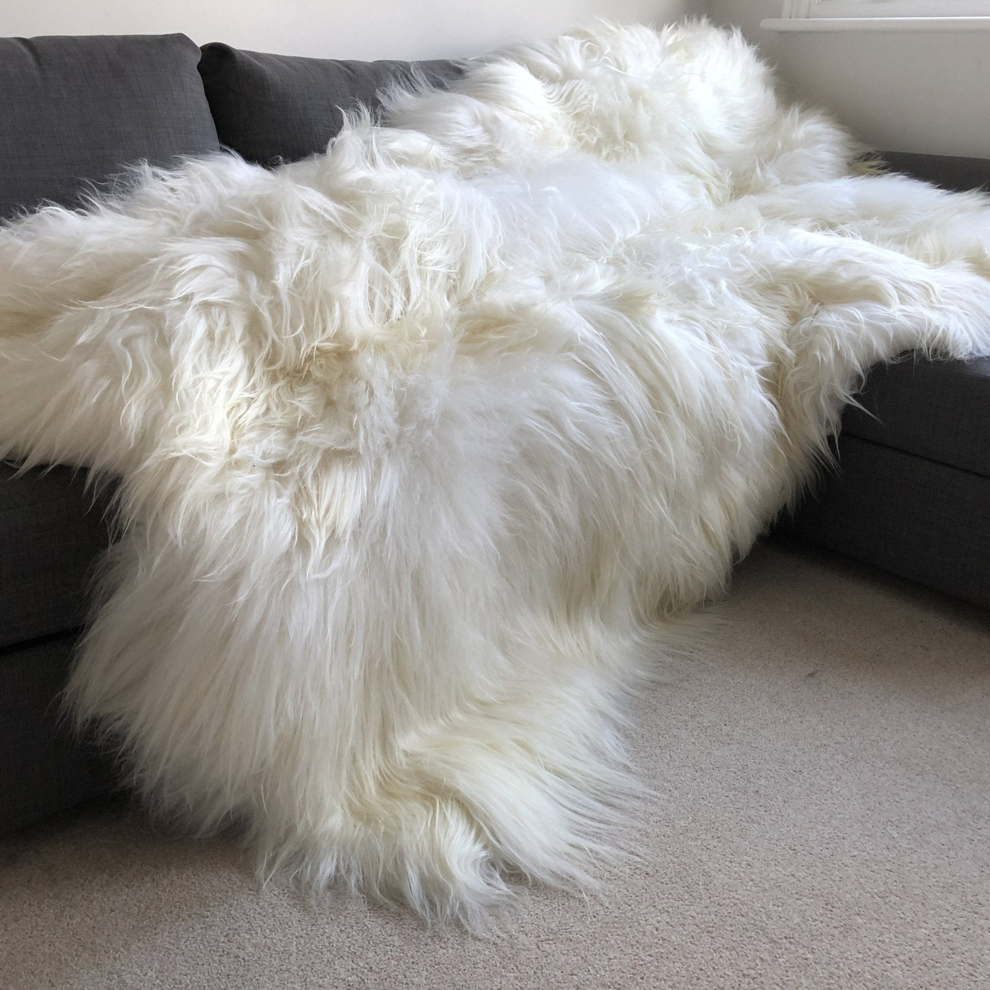 Luxury Icelandic sheepskin rug, 100% natural white long fur, handcrafted premium throw, available in all sizes double triple quad penta sexto octo by Wildash London at brixbailey.com