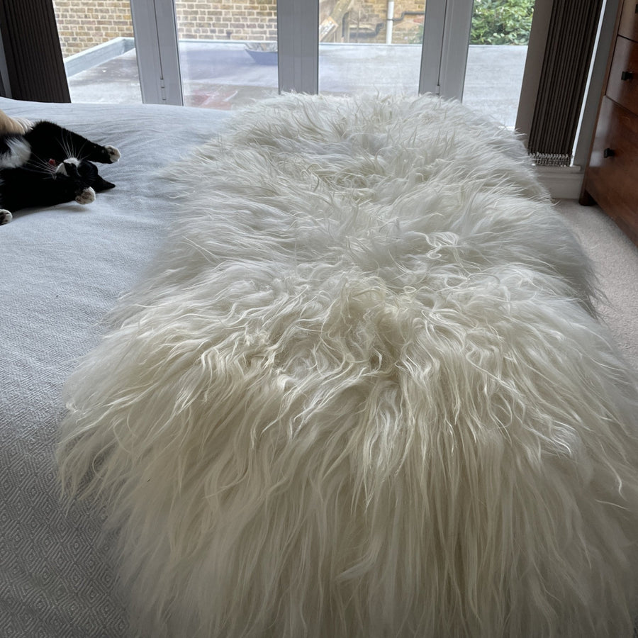 Luxury Icelandic sheepskin rug, 100% natural white long fur, handcrafted premium throw, available in double, triple, quad, penta, sexto, octo sizes by Wildash London at brixbailey.com