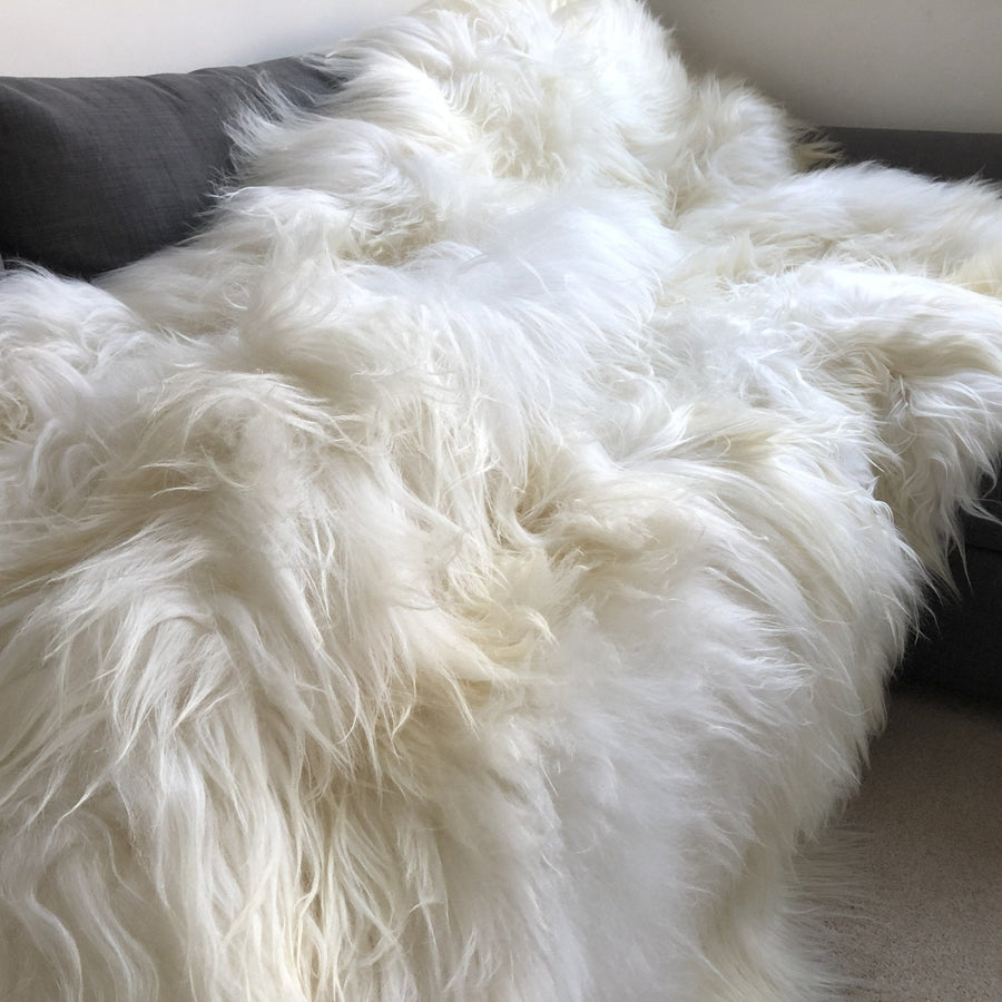 Luxury Icelandic sheepskin rug, 100% natural white long fur, handcrafted premium throw in sizes double, triple, quad, penta, sexto, octo by Wildash London at brixbailey.com