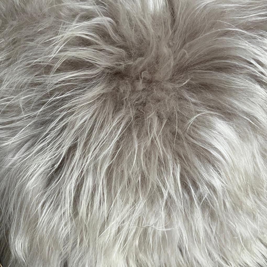 Luxury Icelandic sheepskin cushion, double-sided dove grey, premium natural fur, handcrafted, best-selling home decor by Wildash London at brixbailey.com