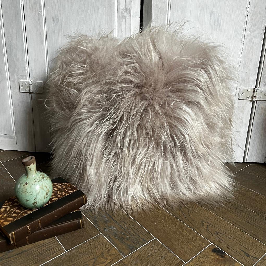 Luxury Icelandic sheepskin cushion, natural dove grey, double-sided, premium long fur, handcrafted, sustainable, best-selling home decor by Wildash London at brixbailey.com