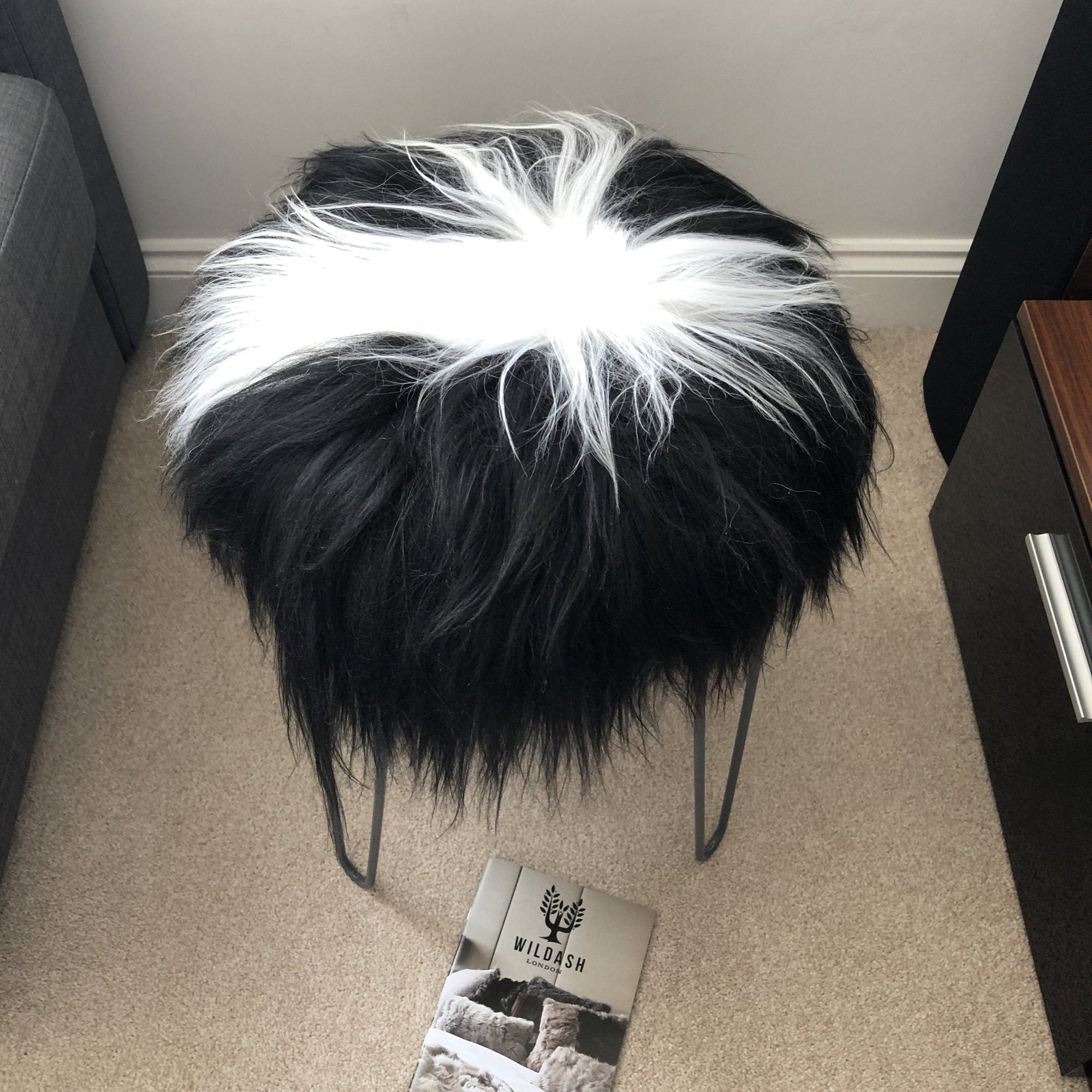Luxury Icelandic sheepskin seat cover, natural black and white, 35cm round, premium handcrafted fur, sustainable and hypoallergenic by Wildash London at brixbailey.com