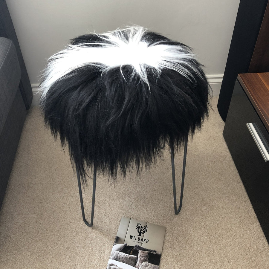 Luxury Icelandic sheepskin seat cover, natural black and white, 35cm round, premium handcrafted fur, sustainable and hypoallergenic by Wildash London at brixbailey.com
