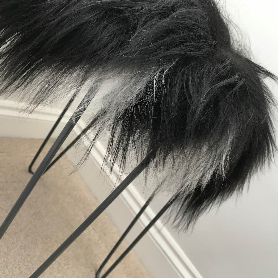 Luxury Icelandic sheepskin seat cover, natural black and white, 35cm round, premium handcrafted fur, sustainable and hypoallergenic by Wildash London at brixbailey.com