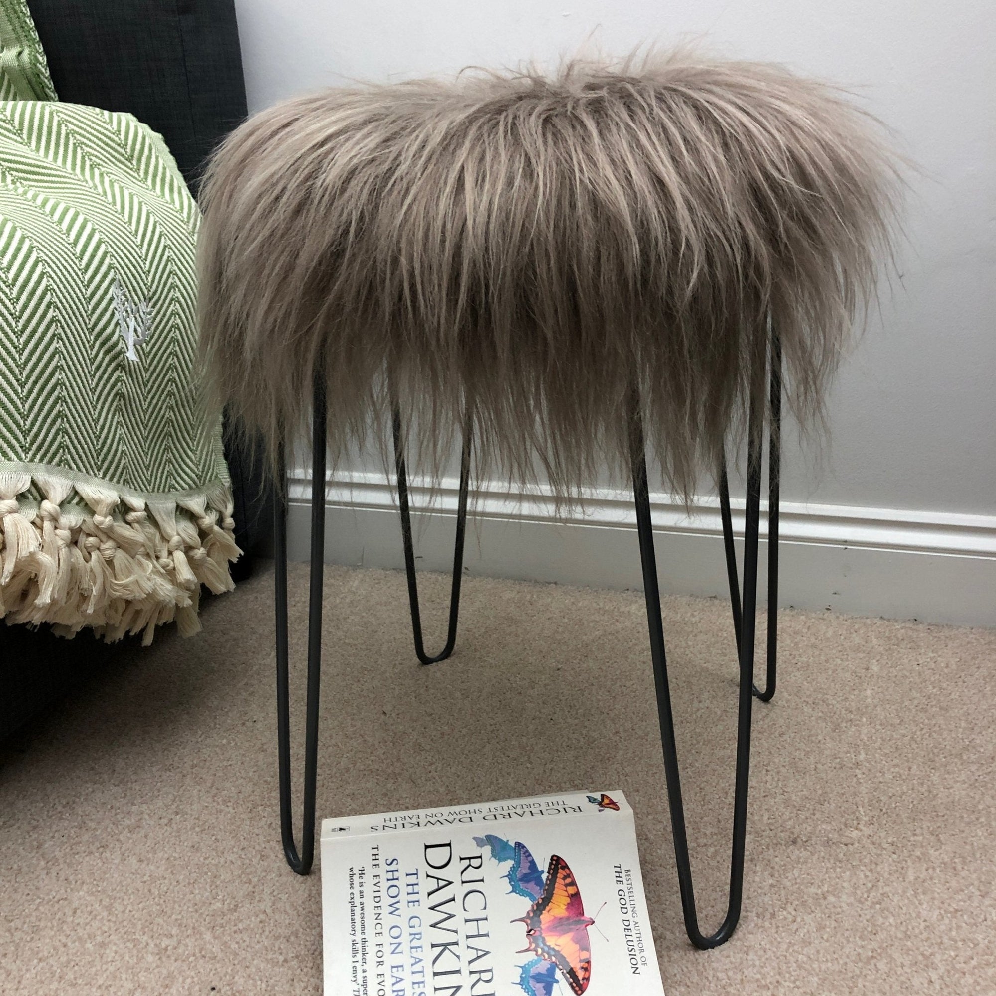 Luxury Icelandic sheepskin roundie seat cover in taupe, premium natural long fur, handcrafted for warmth and comfort, stylish home decor by Wildash London at brixbailey.com
