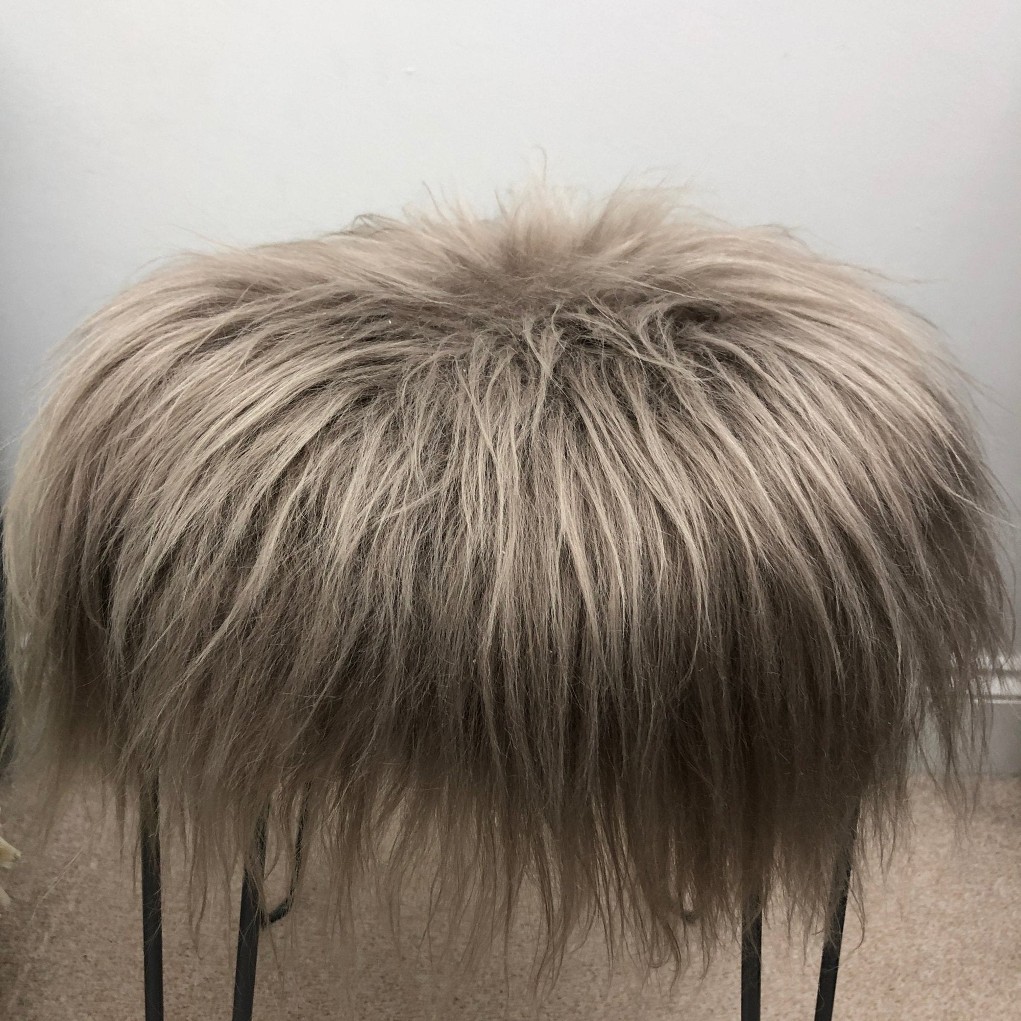 Luxury Icelandic sheepskin roundie seat cover in taupe, premium natural long fur, handcrafted hypoallergenic, best-selling stylish home decor by Wildash London at brixbailey.com