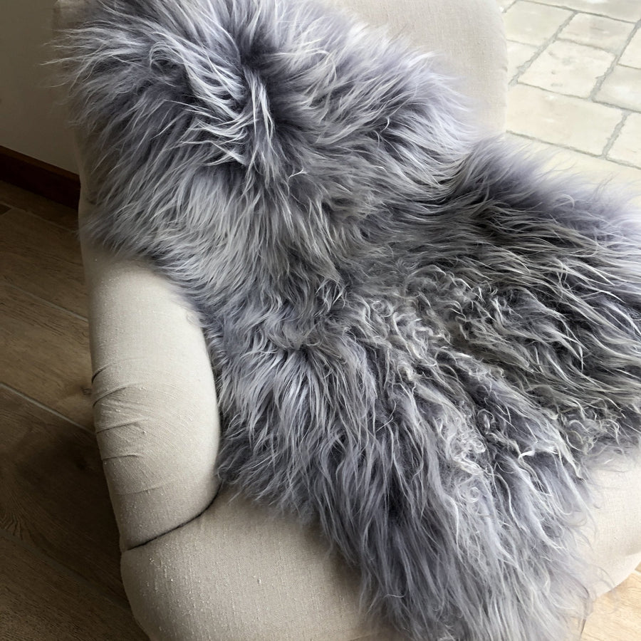 Premium Icelandic long fur sheepskin rug in cool grey, luxury handcrafted throw, ethical sustainable hide, best-selling medium size by Wildash London at brixbailey.com