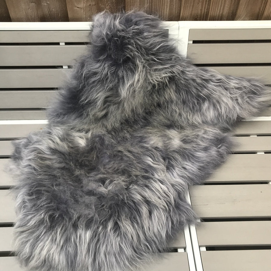 Luxury Icelandic long fur sheepskin rug in cool grey, premium handcrafted sustainable throw, stylish Nordic home decor by Wildash London at brixbailey.com