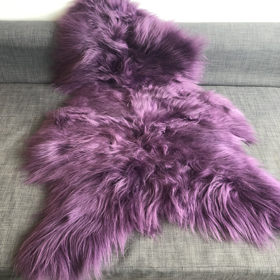 Luxury Icelandic sheepskin rug, African Violet Purple, premium long fur throw, ethically sourced, large free-range sheep hide by Wildash London at brixbailey.com