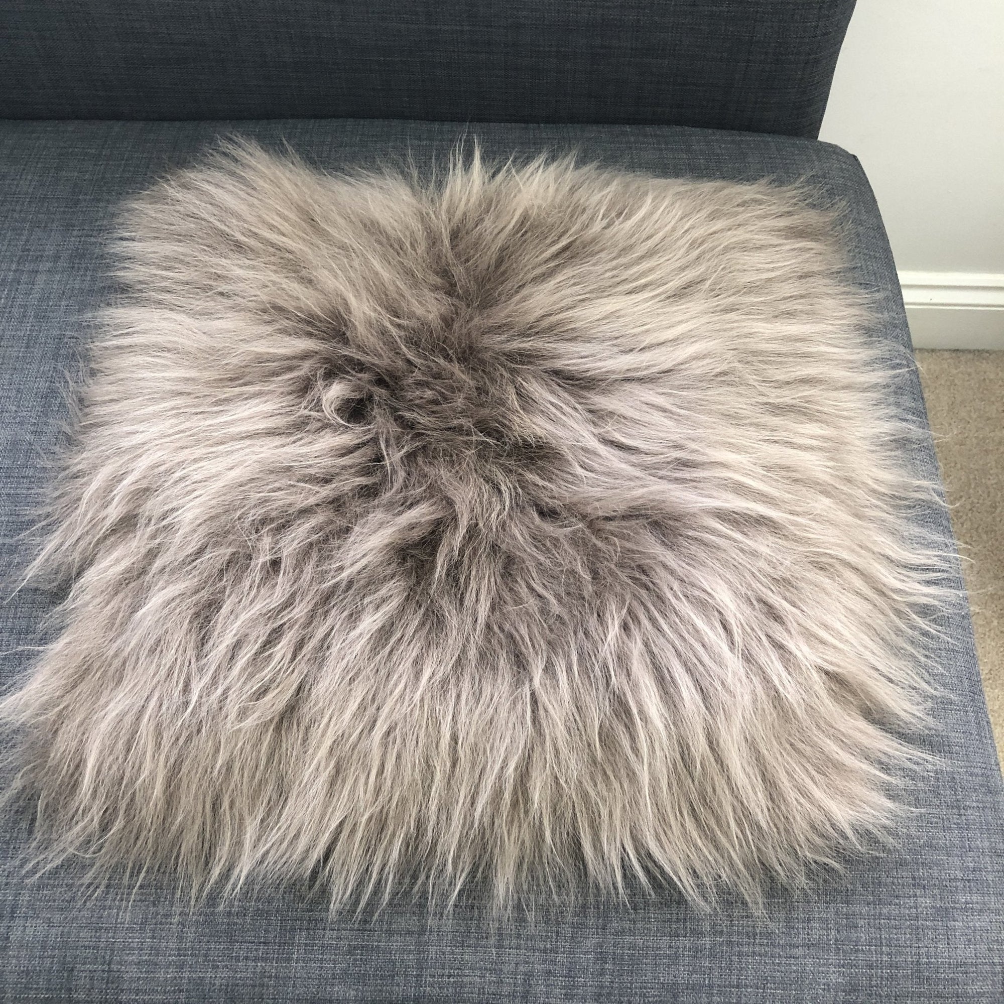 Premium Icelandic sheepskin square seat cover, 37cm taupe, luxury handcrafted free-range sheep fur, best-selling natural hypoallergenic home decor by Wildash London at brixbailey.com