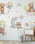 Sleeping Bears Wall Decal | Bears in the Air Nursery Wall Sticker | Clouds and Stars Wall Decor