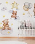 Sleeping Bears Wall Decal | Bears in the Air Nursery Wall Sticker | Clouds and Stars Wall Decor