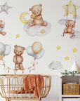 Sleeping Bears Wall Decal | Bears in the Air Nursery Wall Sticker | Clouds and Stars Wall Decor