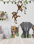 Large Safari Animals and Monkey Wall Decals, Jungle Animal Wall Stickers, Nursery Wall Decals, Repositionable Jungle Wall Decals
