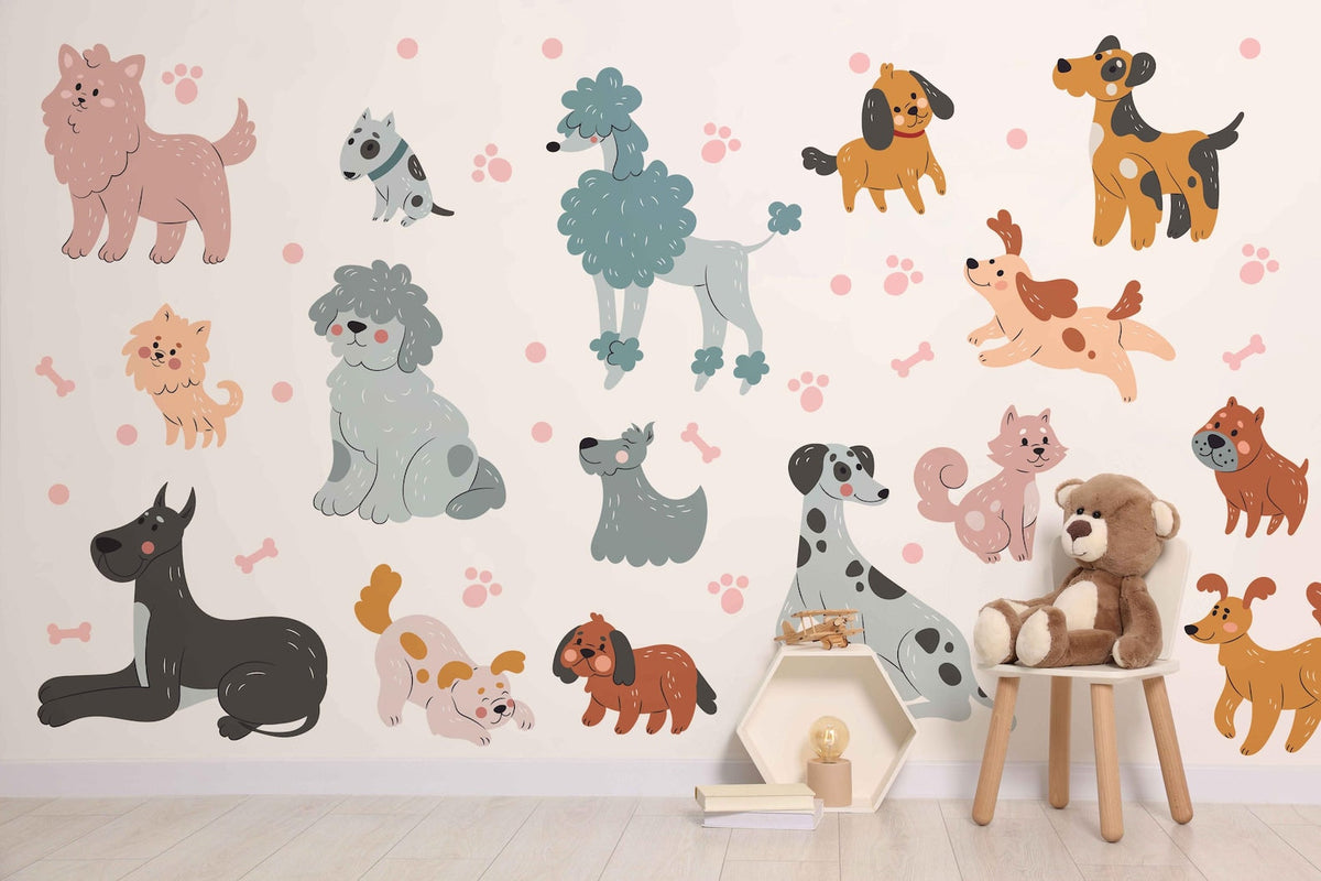 Cute Dog Wall Decals Set for Kids Room Nursery | Self-Adhesive Peel &amp; Stick Dog Stickers