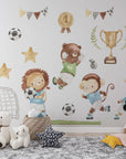 Watercolor Football Animals Nursery Wall Decals | Bear, Monkey, Giraffe, Lion Playing Soccer | Kids Room Decor | Peel and Stick Wall Art