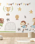 Watercolor Football Animals Nursery Wall Decals | Bear, Monkey, Giraffe, Lion Playing Soccer | Kids Room Decor | Peel and Stick Wall Art