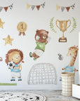 Watercolor Football Animals Nursery Wall Decals | Bear, Monkey, Giraffe, Lion Playing Soccer | Kids Room Decor | Peel and Stick Wall Art